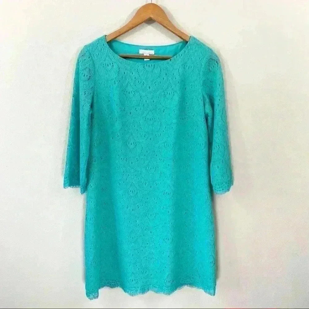 London Times teal lace overlay shift dress